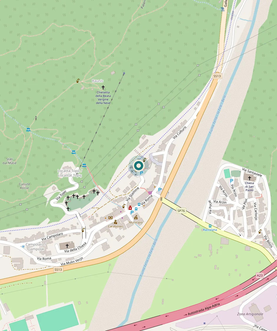 Mappa di Chiusaforte con Stazione di Chiusaforte segnata fra la ciclovia e il fiume Fella